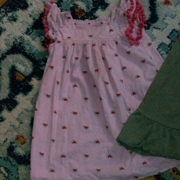 ~ TWO ~ size 3T Sun Dresses Pink Pom-Poms Watermelon & Green Embroidered Fringe - Picture 3 of 3